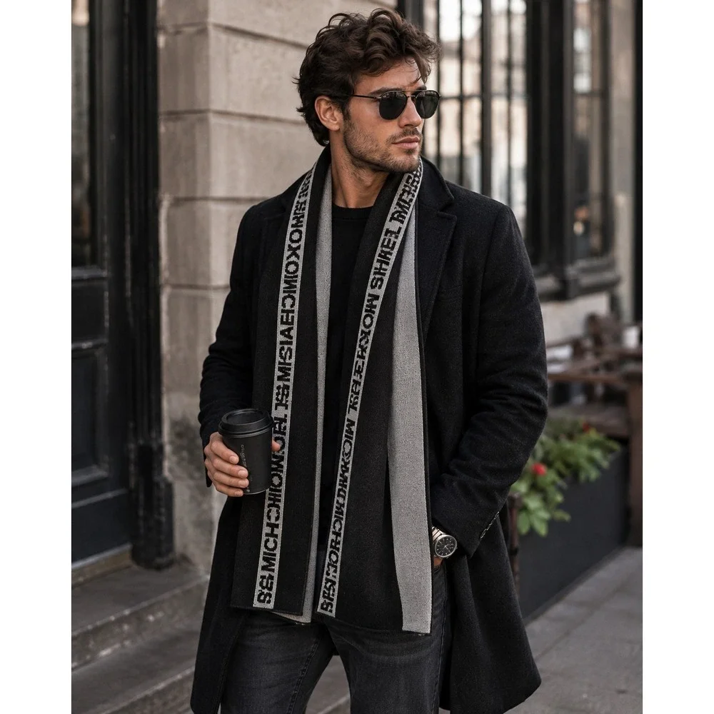 Michael Kors Reversible Logo Scarf Black Gray Knit 70